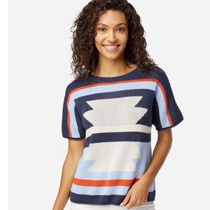 Pendleton women's graphic short-sleeve sweater. Blue, Orange And Cream. Size M